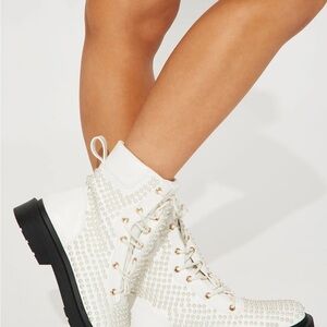 Fashion Nova White Pearl-Studded Combat Boots